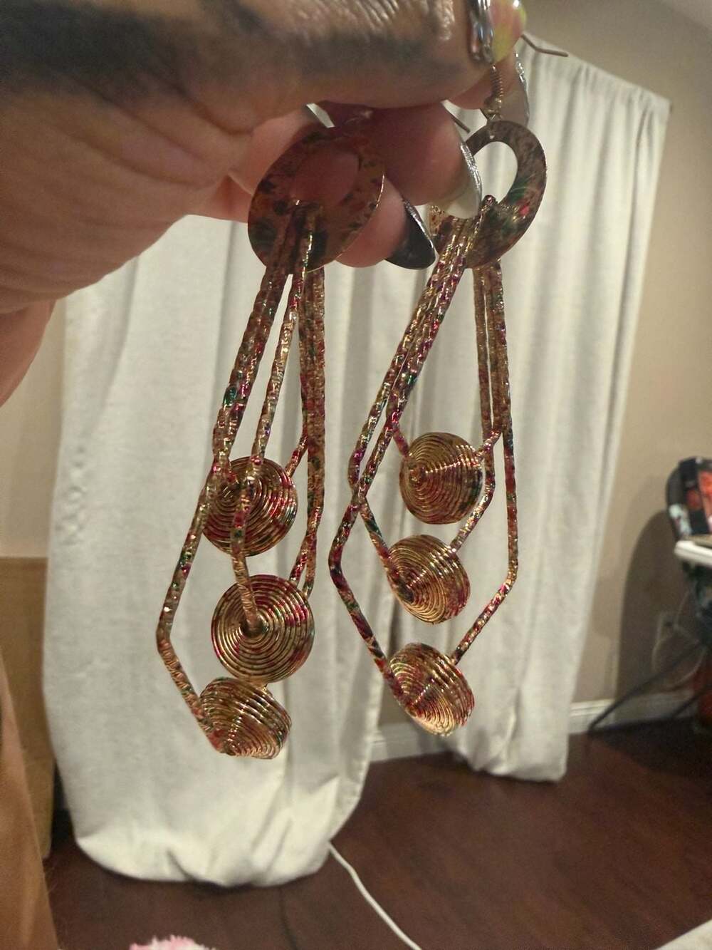 Vintage Large Sculptural Gold Wire Earrings w/red & green colors